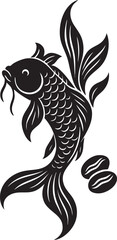 Black and white illustration of koi fish in dynamic pose with detailed scales and abstract elements symbolizing strength and fortune