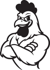 Black and white cartoon rooster with muscular arms, confident expression and money gesture in bold mascot-style illustration