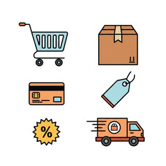 Shopping icons: cart, box, credit card, price tag, discount, and delivery truck.