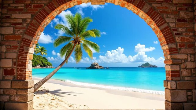 Stunning tropical beach scene framed by brick archway, inviting vacation vibes and paradise.