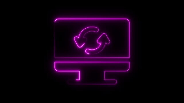 Neon Pink Computer Monitor with Refresh Arrows Icon on Black Background Seamless Loop Animation