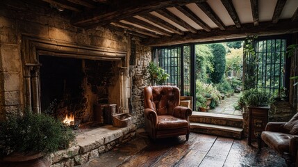 Fototapeta premium Cozy room with stone fireplace and garden view, inviting natural light, rustic style
