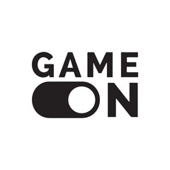 Game On typography logo design with a creative toggle switch icon. Motivational quote for gamers, modern vector graphic.
