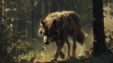 A majestic wolf with a thick, glossy coat walking through a forest 