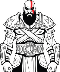 A powerful black and white vector illustration of a mythological warrior, depicting a fierce and determined character with a thick beard, heavy armor, and a bold red mark, perfect for gaming.