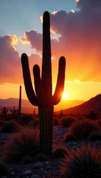 Saguaro cactus silhouette against setting sun, New Mexico , Sonoran, mountain, silhouette