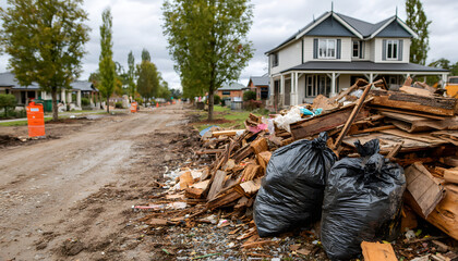 Large pile of construction debris sits on suburban driveway. Broken wood, timber, building materials mixed with two large black rubbish bags filled with rubbish. Homes in background suggest