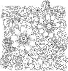 Intricate floral arrangement detailed line art for coloring and design projects white background
