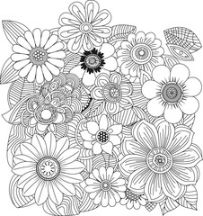 Intricate floral design featuring a variety of blooms in a detailed line art style white background