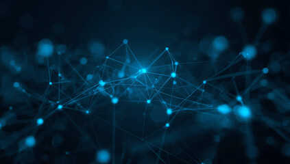 Abstract glowing blue network of interconnected nodes and lines representing digital connections and data flow