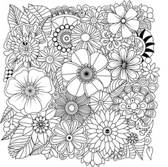 Detailed black and white floral arrangement coloring page for adults featuring diverse flower types white background
