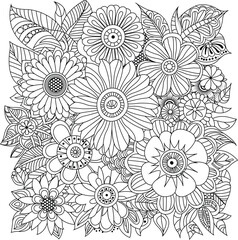 Detailed floral arrangement coloring page with diverse petal designs and leafy accents white background