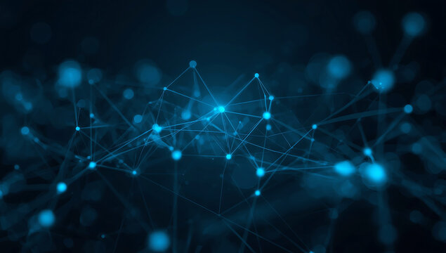 Abstract glowing blue network of interconnected nodes and lines representing digital connections and data flow - Powered by Adobe