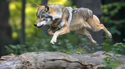 A wolf jumping over a fallen log in the forest, agile and strong 