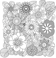 Intricate black and white floral pattern featuring diverse flower designs for coloring and art projects white background