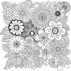 Detailed black and white floral pattern intricate flower design for coloring and crafts white background