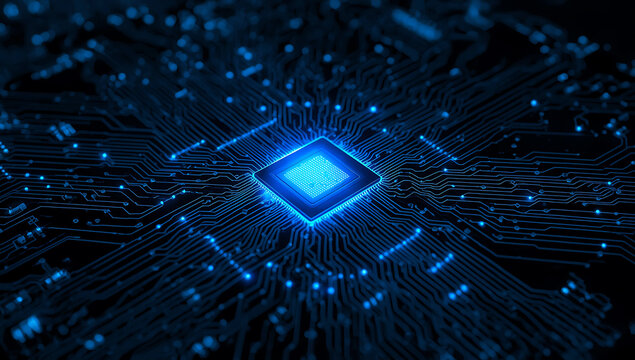Abstract glowing blue digital circuit board with a central luminous processor chip representing technology and data flow