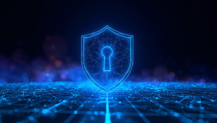 Glowing blue digital shield with a keyhole symbol representing cybersecurity and data protection on a futuristic network background