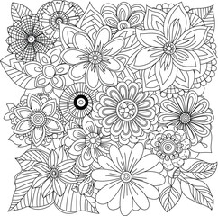 Intricate line art floral arrangement detailed bloom pattern for coloring or design projects white background