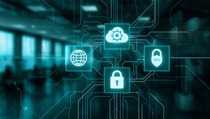 Digital security concept with glowing icons of a padlock cloud and globe on a blurred background