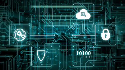 Digital security concept with glowing icons representing global network cloud computing data protection and binary code on a circuit board background
