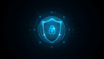 Digital security shield with glowing blue lines and data streams on a dark background symbolizing cybersecurity protection