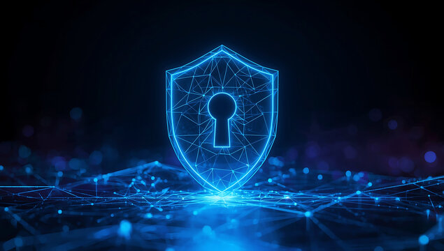 Futuristic glowing blue shield with a keyhole inside representing digital security and cybersecurity protection - Powered by Adobe