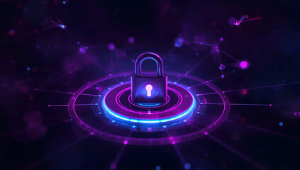 Digital padlock glowing with vibrant neon light on a futuristic technological network interface representing cybersecurity and data protection