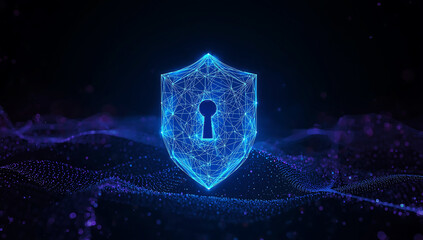 Futuristic digital shield with glowing blue particles and a keyhole symbolizing cybersecurity and data protection