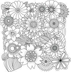 Intricate floral arrangement coloring page for adults featuring diverse flowers and leaves white background