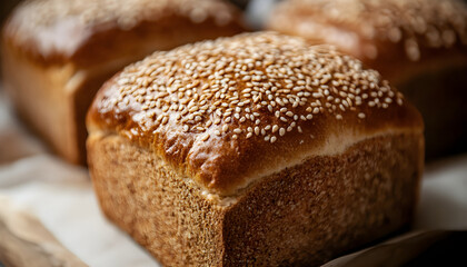 Naklejka premium Close-up of freshly baked multigrain bread with sesame seeds on crust