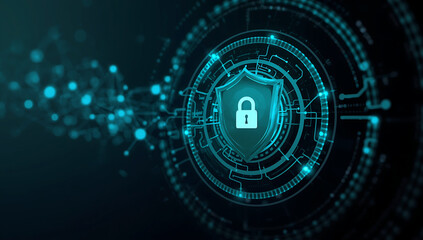 Digital shield with a glowing padlock symbol representing cybersecurity and data protection in a futuristic network