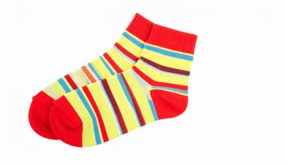 Two children&rsquo;s socks with bright and colorful stripes, isolated on a clean white background. Fun and playful design for kids.