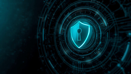 Futuristic digital shield with keyhole symbol glowing blue in dark technology background