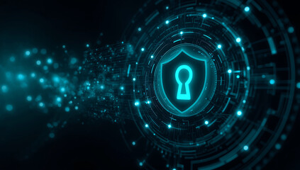 Digital shield with glowing keyhole symbolizing cybersecurity and data protection in a futuristic abstract network