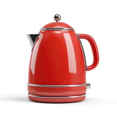 Red electric kettle with shiny metal accents on white background