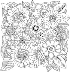 Intricate floral design coloring page with detailed petals and leaves for creative expression white background