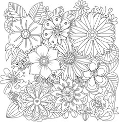 Detailed outline of a vibrant floral arrangement for coloring and design projects white background