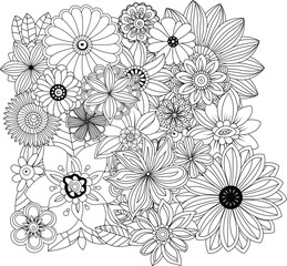 Intricate bouquet of diverse flowers in detailed line art style white background