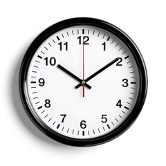 Classic round wall clock with black frame and white face showing time at 10:10