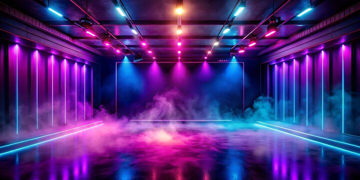 Empty concert hall with vibrant neon lights and smoke, creating a futuristic atmosphere for a party or performance
