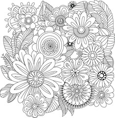 Intricate line art floral design detailed botanical arrangement blooming flowers for coloring and decoration white background