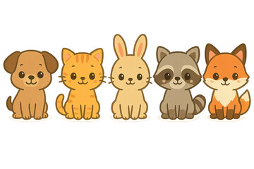 Naklejka premium Dog, Cat, Bunny, Raccoon, Fox - Playful Illustration in a Colorful Setting