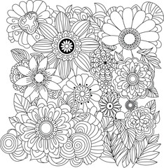 Intricate floral design with numerous detailed flowers and leaves in outline style white background