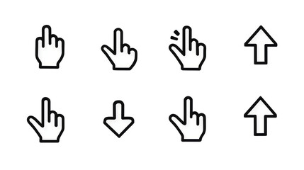 Obraz premium White cursor and arrow icons arranged on a white background showing different directions and hand gestures on transparent background