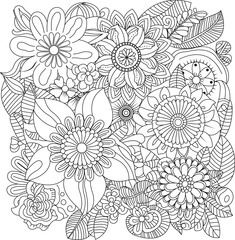Intricate floral design coloring page featuring detailed flowers and leaves for creative expression white background