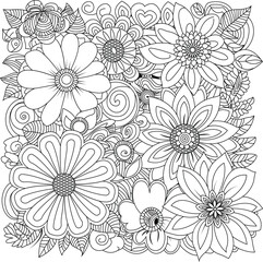 Intricate floral coloring page featuring diverse daisy and blossom designs for relaxation and creativity white background