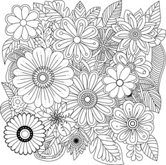 Intricate floral line art for coloring beautiful blossom arrangements and garden designs white background