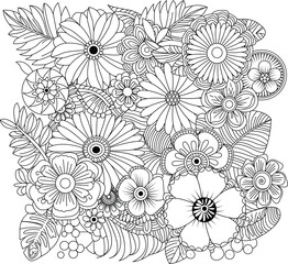 Intricate floral pattern detailed line art for coloring and design projects white background