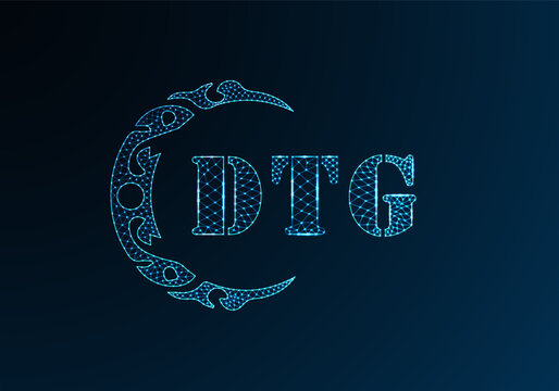 Low poly letter logo DTG design. DTG letter logo low poly vector design on blue color gradient background. DTG logo low poly design